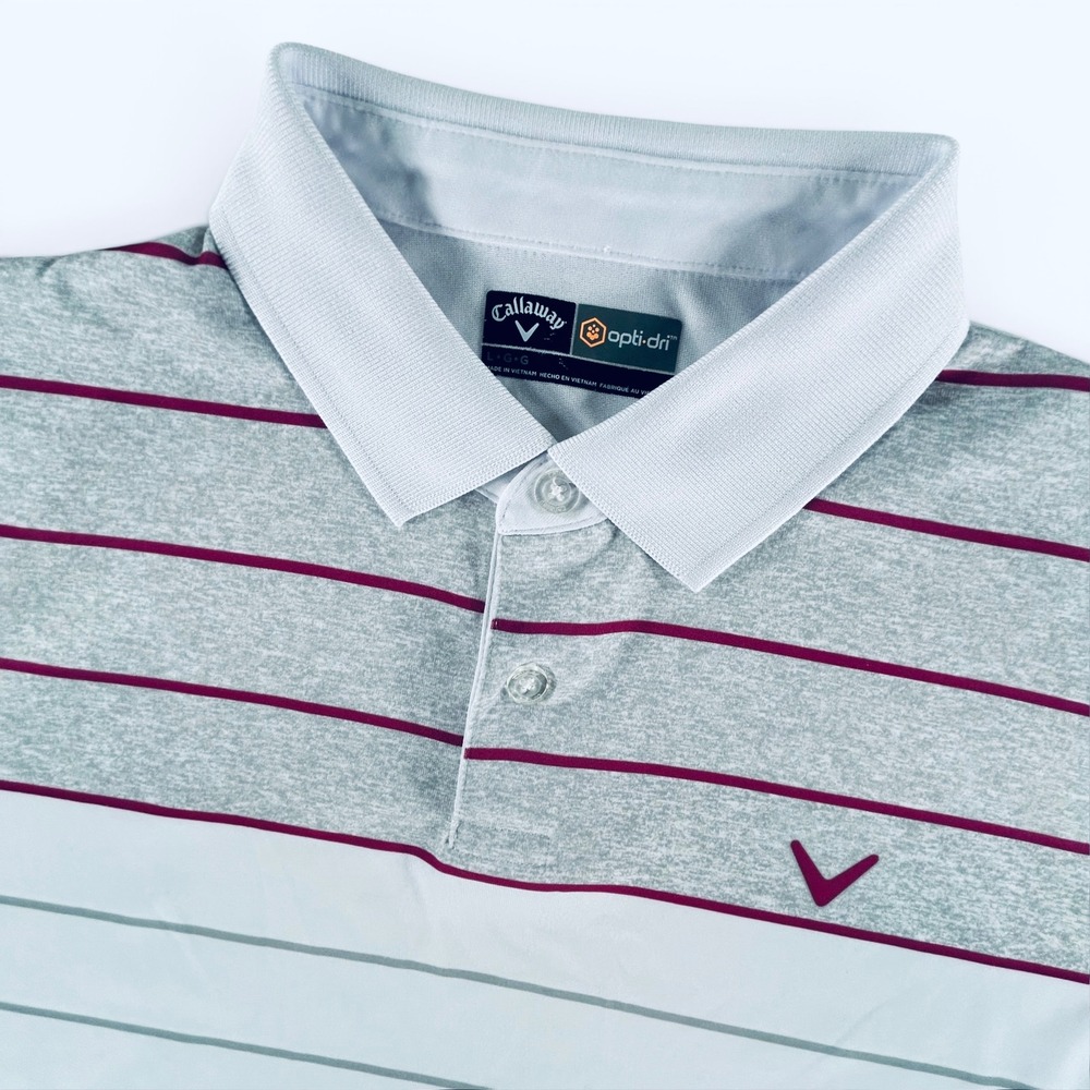 Callaway Golf Polo Shirt Mens L White Gray Burgundy Striped Opti-Dri Performance
